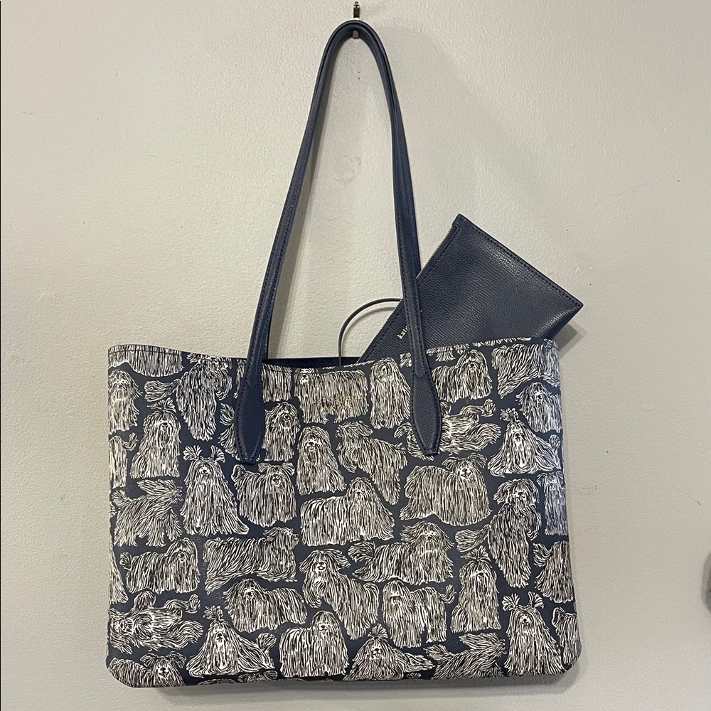Kate Spade Shaggy Dog Navy Blue Tote Bag All Day Show Dogs with Pouch